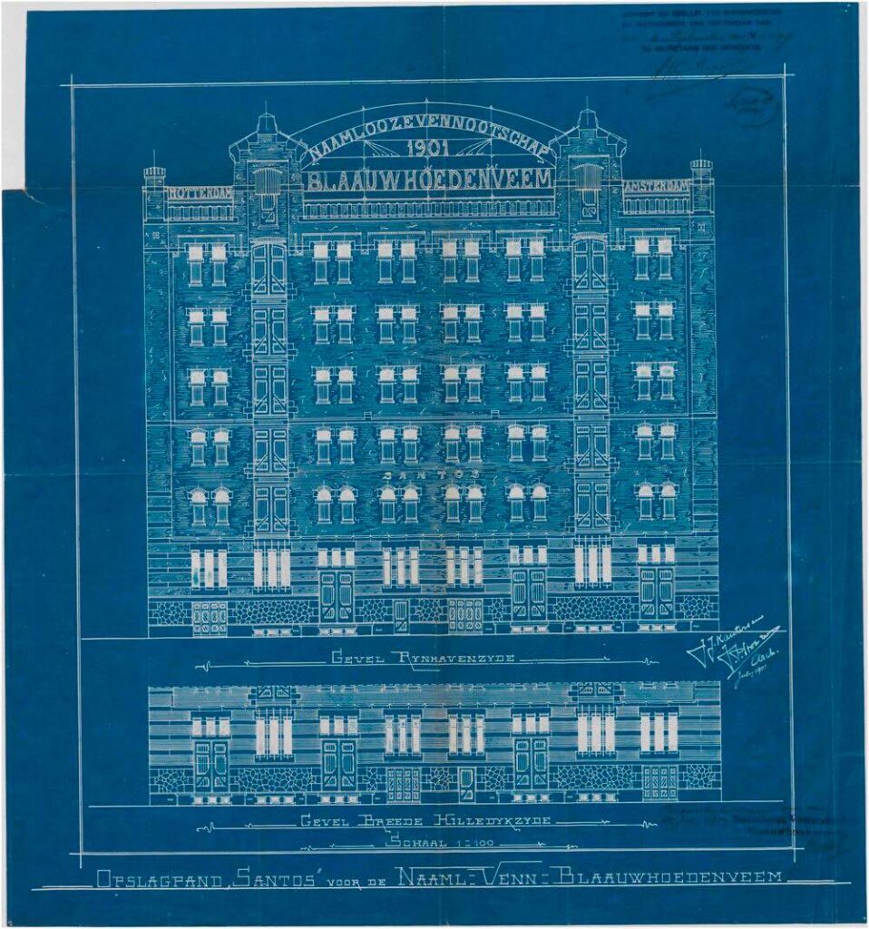 J.J. Kanters & J.P. Stok Wzn Pakhuis Santos, voorgevel Rijnhavenzijde, 1901 Collectie Stadsarchief Rotterdam_3_11zon