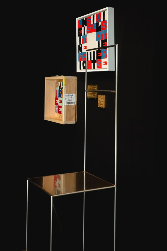 Robert Wilson’s Pierre Curie Chair, 1989, and Alighiero Boetti’s textile composition