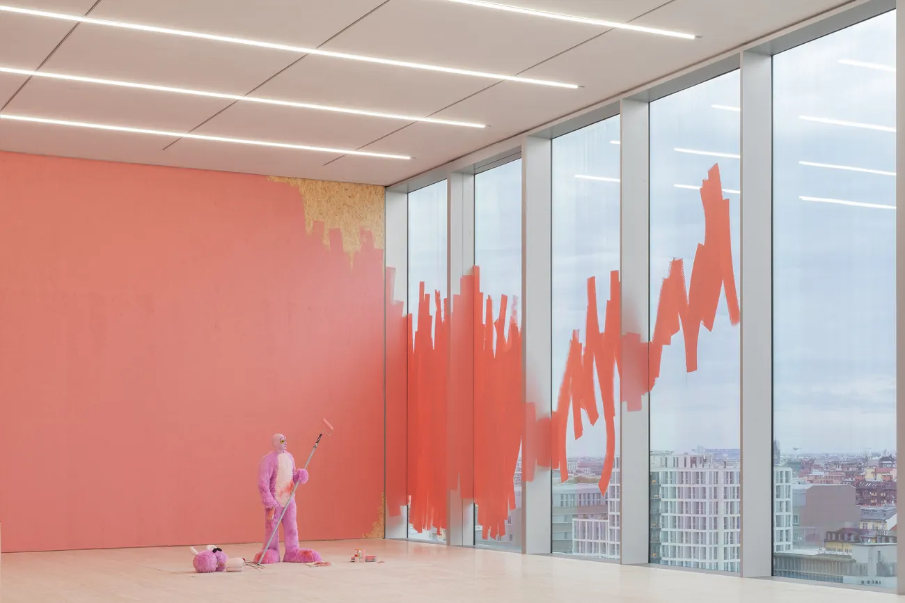Exhibition view of Atlas, Torre – Fondazione Prada, Milano. Alex Da Corte, Housepainter II, 2025, foam, plywood, resin, silicone, faux fur, hair, steel, paint, hardware, muslin, glass. Photo Delfino Sisto Legnani – DSL Studio. Courtesy Fondazione Prada