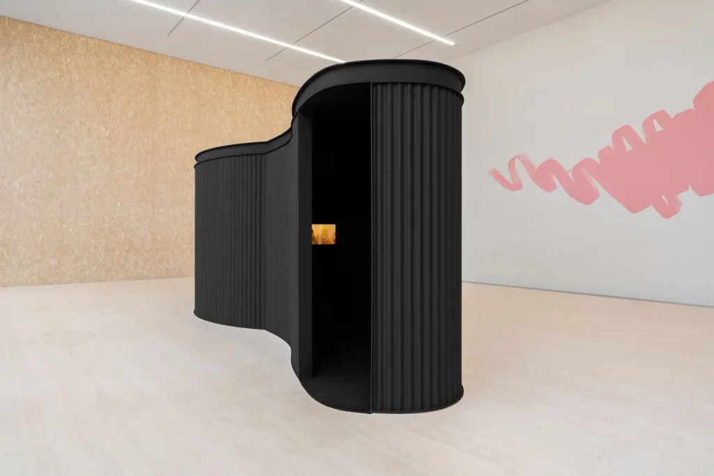 Exhibition view of Atlas, Torre – Fondazione Prada, Milano. Alex Da Corte, Mouse Museum (Van Gogh Ear), 2022, wood and corrugated aluminum, Plexiglas, display case with 121 objects, sound; Housepainter II, 2025, foam, plywood, resin, silicone, faux fur, hair, steel, paint, hardware, muslin, glass. Photo Delfino Sisto Legnani – DSL Studio. Courtesy Fondazione Prada