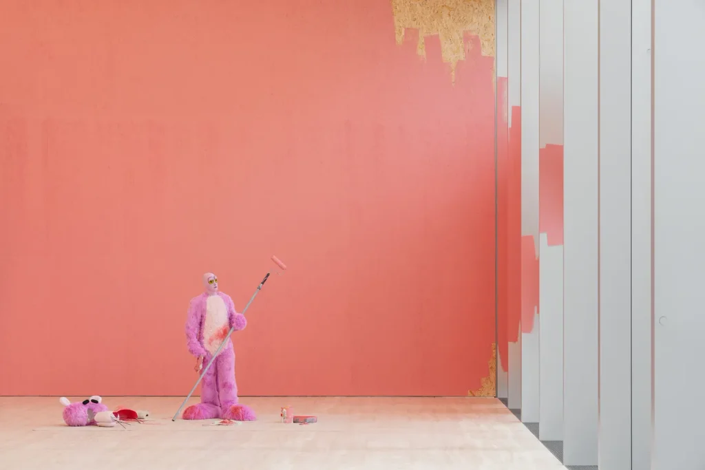 Exhibition view of Atlas, Torre – Fondazione Prada, Milano. Alex Da Corte, Housepainter II, 2025, foam, plywood, resin, silicone, faux fur, hair, steel, paint, hardware, muslin, glass. Photo Delfino Sisto Legnani – DSL Studio. Courtesy Fondazione Prada