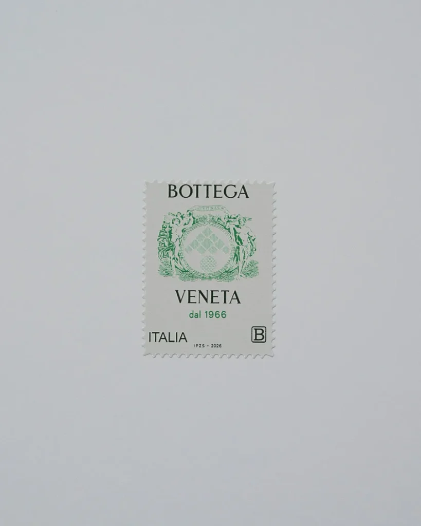 The commemorative stamp for the sixtieth year of Bottega Veneta, with the house crest in dark green and the motto Labor et Ingenium. Courtesy Bottega Veneta
